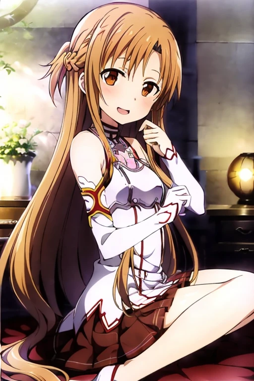 ((Best Quality)), ((masterpiece)), (be familiar with), Perfect Face, indoor, bedroom, Watching the audience,
One woman, Yuuki Asuna,
Open Mouth, Ecstatic expression, blush, smile,
Small breasts, Flat Chest, , , child, Girl,
Long Hair, Long Hair,
Leg spread,