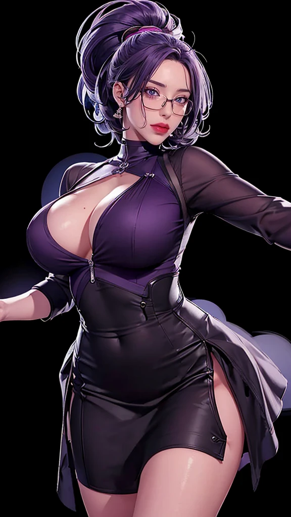 （（（perfect figure，figure，suit， gray shirt，hip-covering skirt（（（JMT,Glasses,purple hair,short hair,purple eyes,MiJungdef，purple eyes，purple hair，medium hair，）））型figure:1.7））），((masterpiece)),high resolution, ((Best quality at best))，masterpiece，quality，Best quality，（（（ Exquisite facial features，looking at the audience,There is light in the eyes，Happy，nterlacing of light and shadow，huge boobs））），（（（looking into camera，black background，Exaggerated perspective , ultra wide shot,
blurry hand foreground)）））