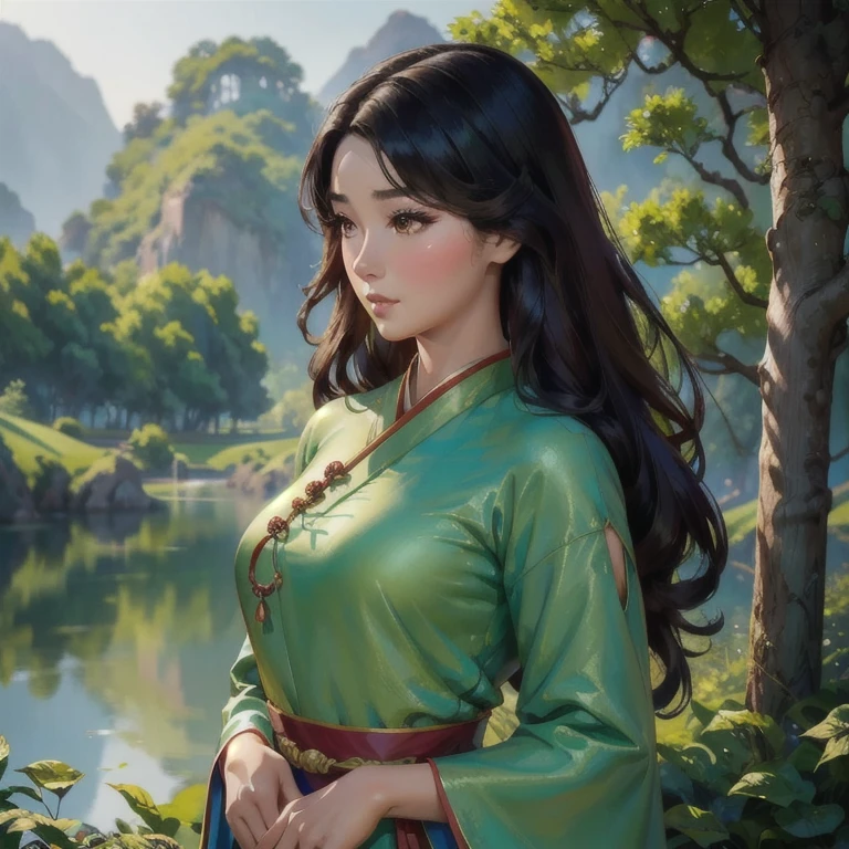 .A beautiful female character from the Doupo Cangqiong series, Cai Lin, 1girl, long dark hair, hazel eyes, rosy cheeks, detailed facial features, elegant hanfu dress, graceful pose, fantasy landscape background, lush vegetation, detailed scenery, cinematic lighting, warm color palette, intricate patterns, masterpiece, photorealistic, 8k, highest quality
