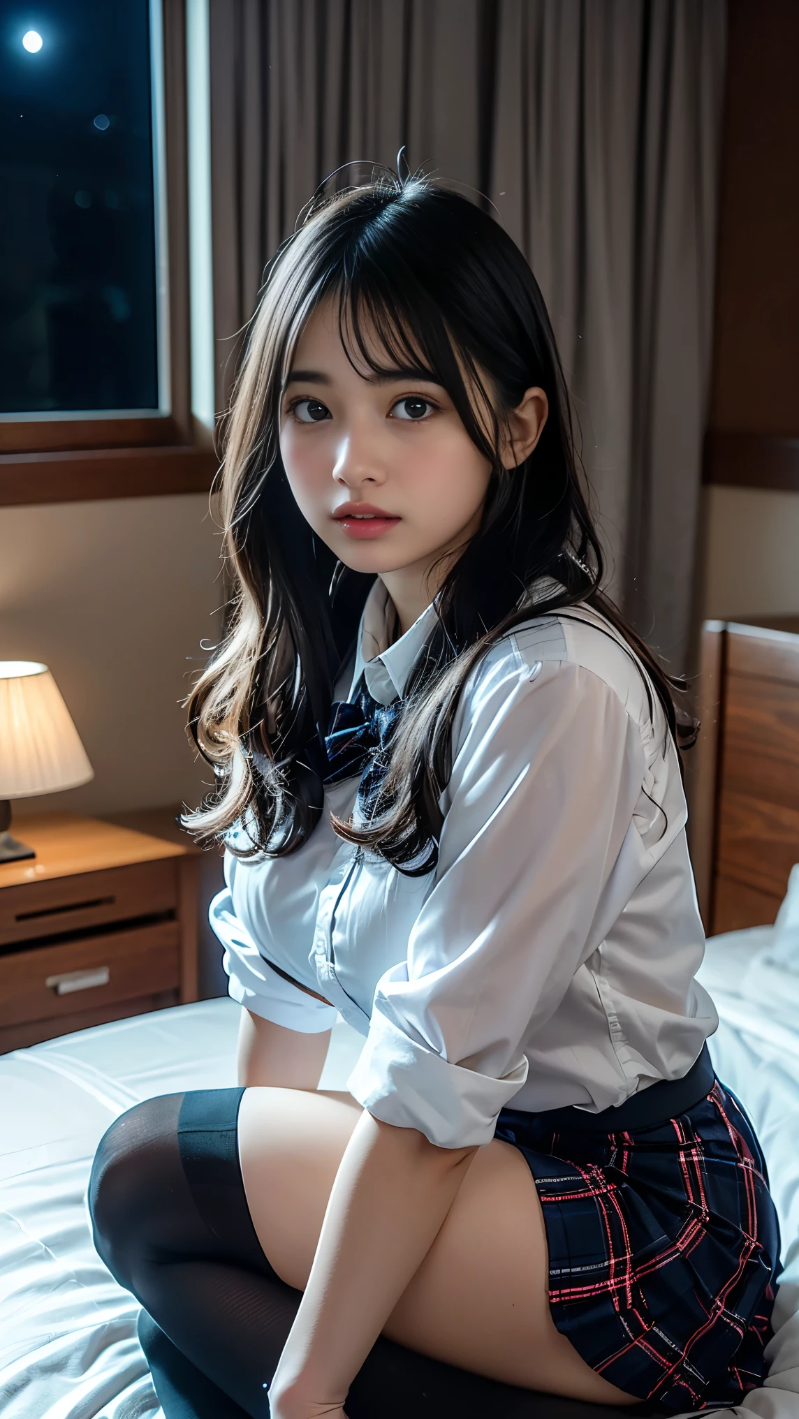 Japan girl, girl in her twenties, just good breasts, perfect breasts, perfect skin, perfect, dark hair, hair tying, brown eyes, office lady, navy suit top and bottom, unbuttoned light blue shirt, pink underwear, bed, crawling on all fours, looking from above