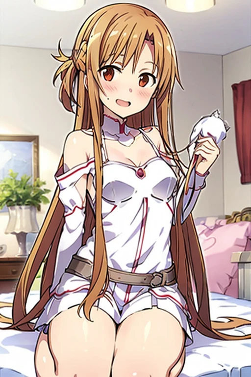 ((Best Quality)), ((masterpiece)), (be familiar with), Perfect Face, indoor, bedroom, Watching the audience,
One woman, Yuuki Asuna,
Open Mouth, Ecstatic expression, blush, smile,
Small breasts, Flat Chest, , , child, Girl,
Long Hair, Long Hair,
Leg spread,