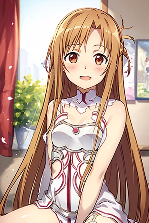 ((Best Quality)), ((masterpiece)), (be familiar with), Perfect Face, indoor, bedroom, Watching the audience,
One woman, Yuuki Asuna,
Open Mouth, Ecstatic expression, blush, smile,
Small breasts, Flat Chest, , , , Girl,
Long Hair, Long Hair,
Leg spread,