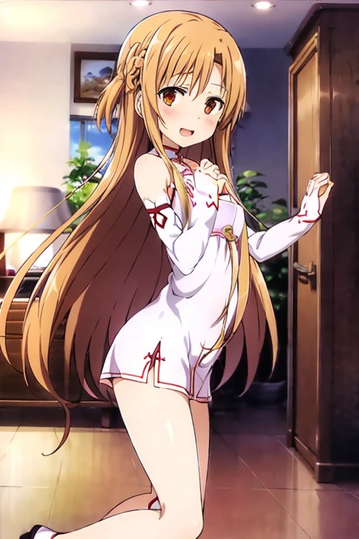 ((Best Quality)), ((masterpiece)), (be familiar with), Perfect Face, indoor, bedroom, Watching the audience,
One woman, Yuuki Asuna,
Open Mouth, Ecstatic expression, blush, smile,
Small breasts, Flat Chest, , , child, Girl,
Long Hair, Long Hair,
Leg spread,