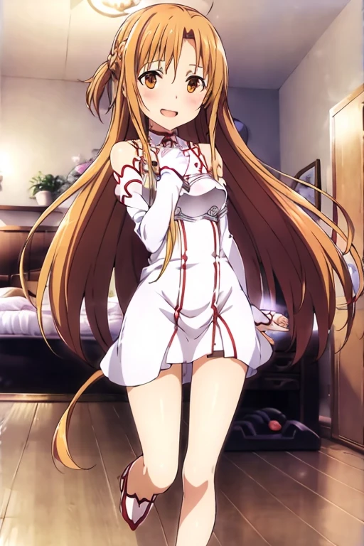 ((Best Quality)), ((masterpiece)), (be familiar with), Perfect Face, indoor, bedroom, Watching the audience,
One woman, Yuuki Asuna,
Open Mouth, Ecstatic expression, blush, smile,
Small breasts, Flat Chest, , , , Girl,
Long Hair, Long Hair,
Leg spread,