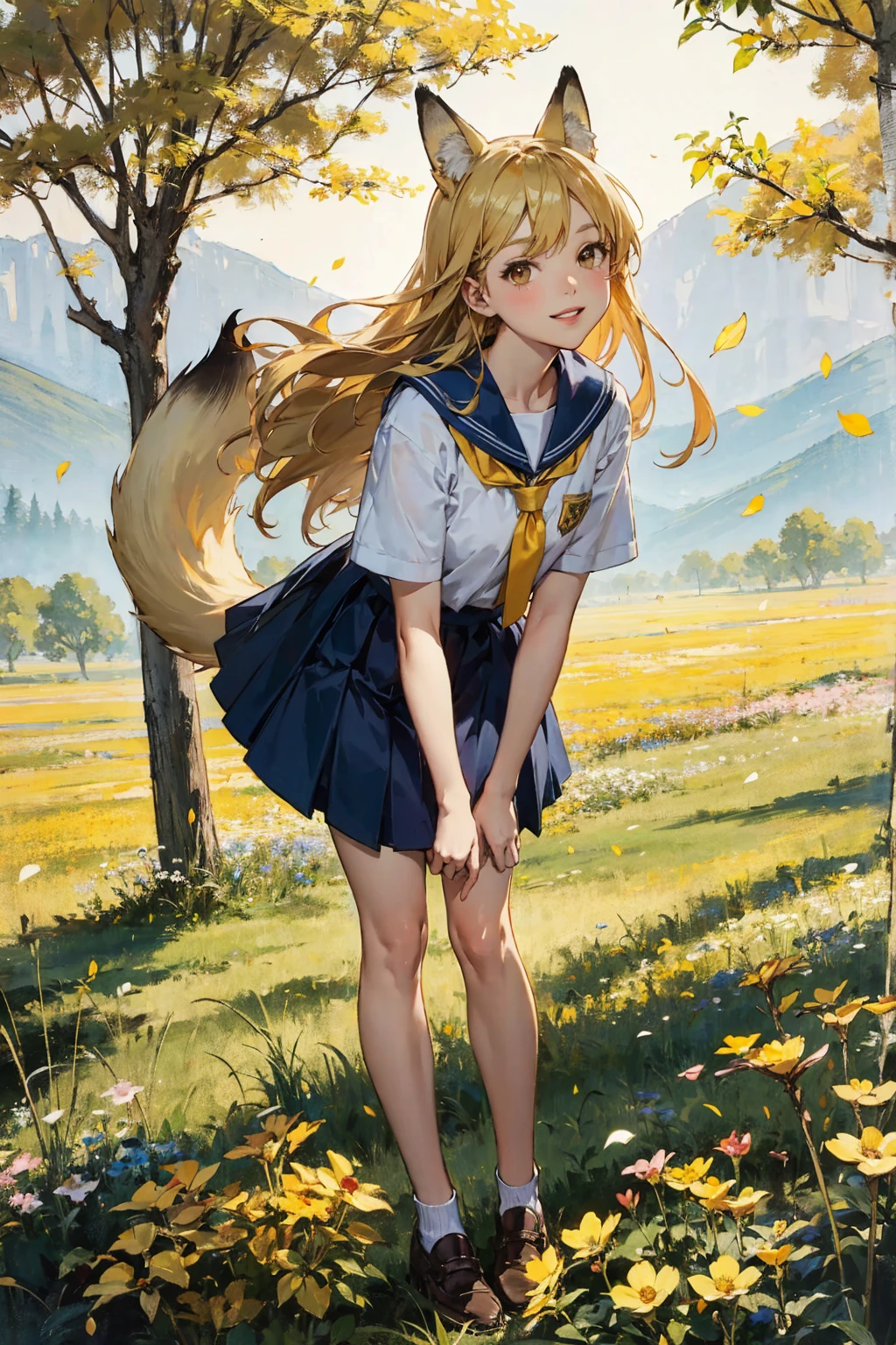 Nu((masterpiece、top-quality))、(((teens girl)))、watching at viewers、Dutch Angle、a blond、(((Anatomically correct)))、((high detailing)), is standing, Cloth Sailor Fuku, Focus Crotch、Anime in the forest, 1080p