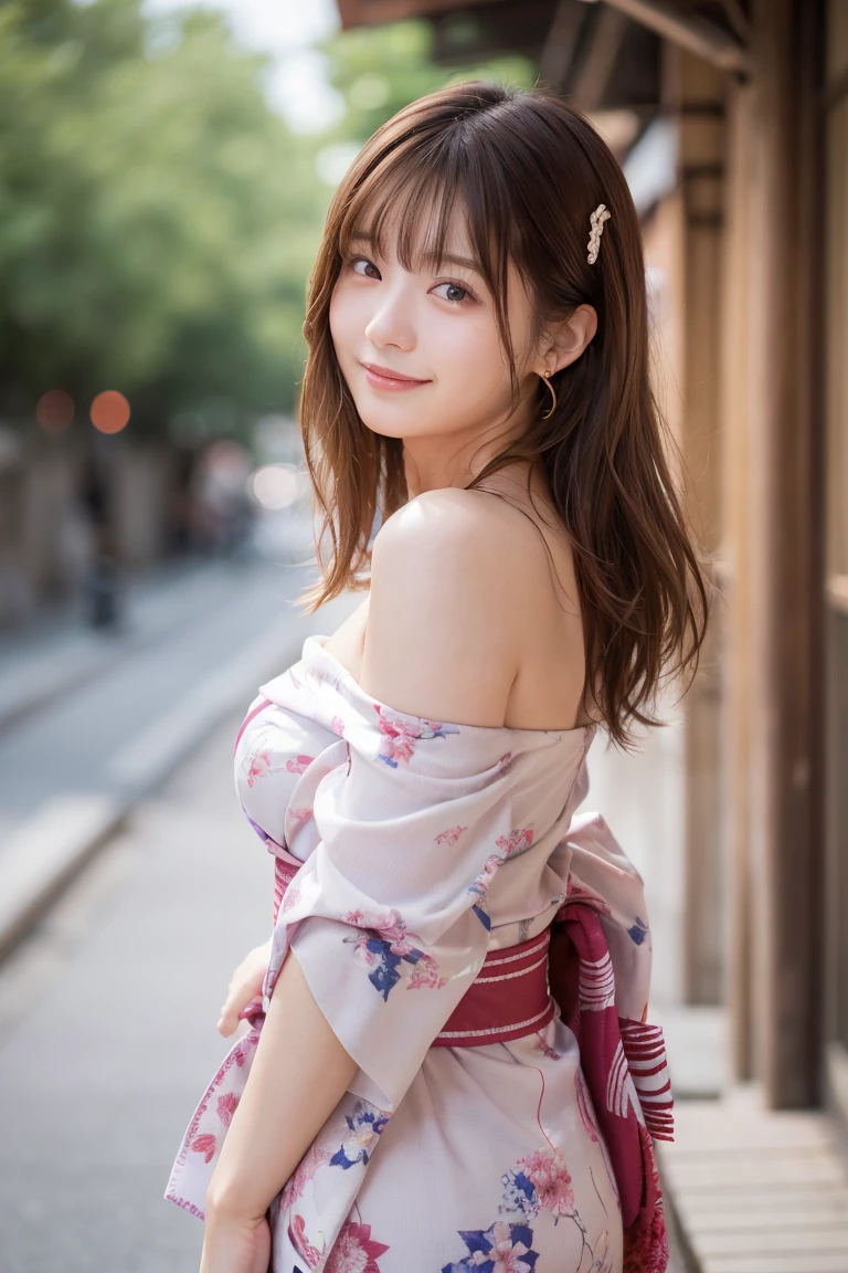 masterpiece, best quality, ultra-detailed, extremely detailed, 4K, 8K, best quality, beautiful, photorealistic, bokeh feeling, japanese girl, a pretty girl, solo, (short sleeve brouse), off-shoulder, beautiful highlights hair, beautiful brown eyes, beautiful eyes, long hair, large breast, light smile, (from behind), (nsfw)