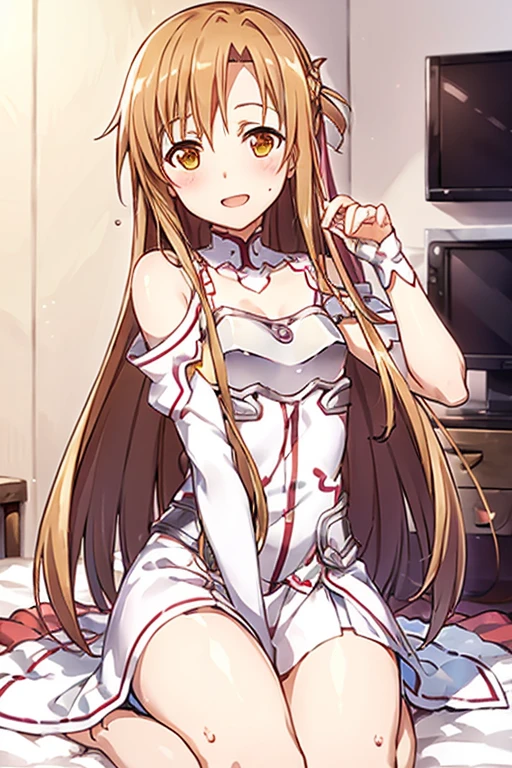 ((Best Quality)), ((masterpiece)), (be familiar with), Perfect Face, indoor, bedroom, Watching the audience,
One woman, Yuuki Asuna,
Open Mouth, Ecstatic expression, blush, smile,
Small breasts, Flat Chest, , , child, Girl,
Long Hair, Long Hair,
Leg spread,