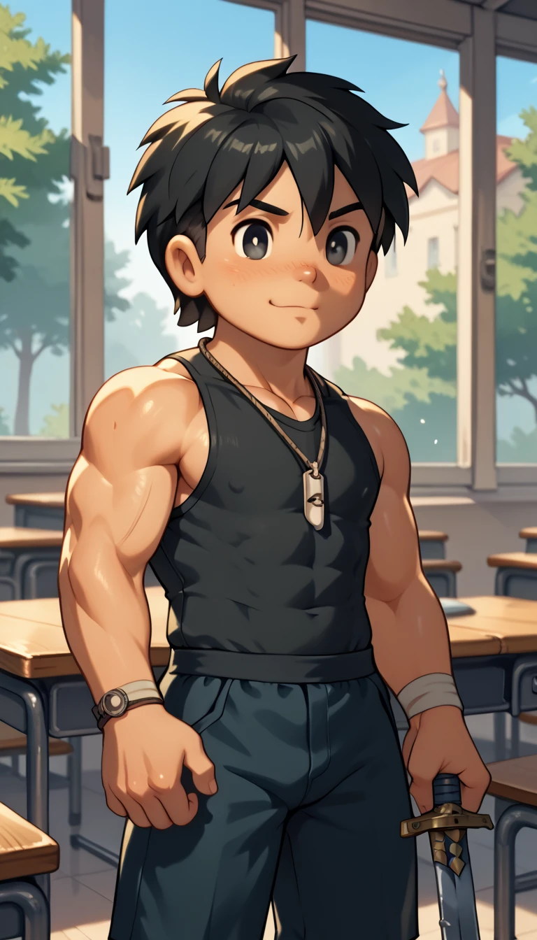 Anatomically correct, Highest quality,Short,black hair,black eyes,necklace,Young boy,Primary school students,Muscular,Chibi,Ready your sword,