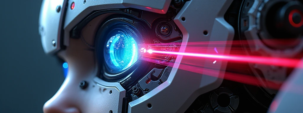 A close-up of a cool robotic mecha's eye, with colorful beams of light emitting from the eye