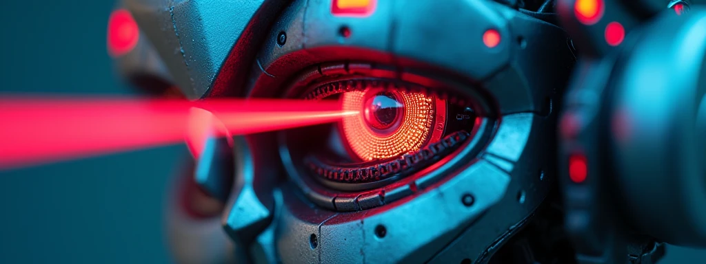 A close-up of a cool robotic mecha's eye, with colorful beams of light emitting from the eye