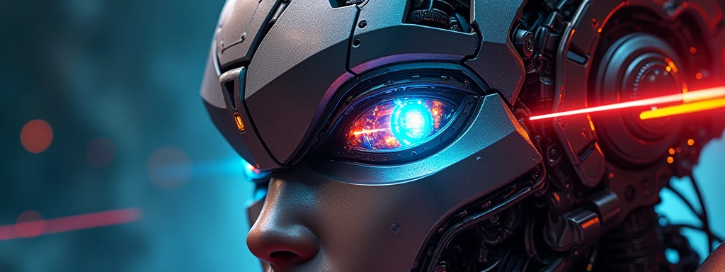 A close-up of a cool robotic mecha's eye, with colorful beams of light emitting from the eye