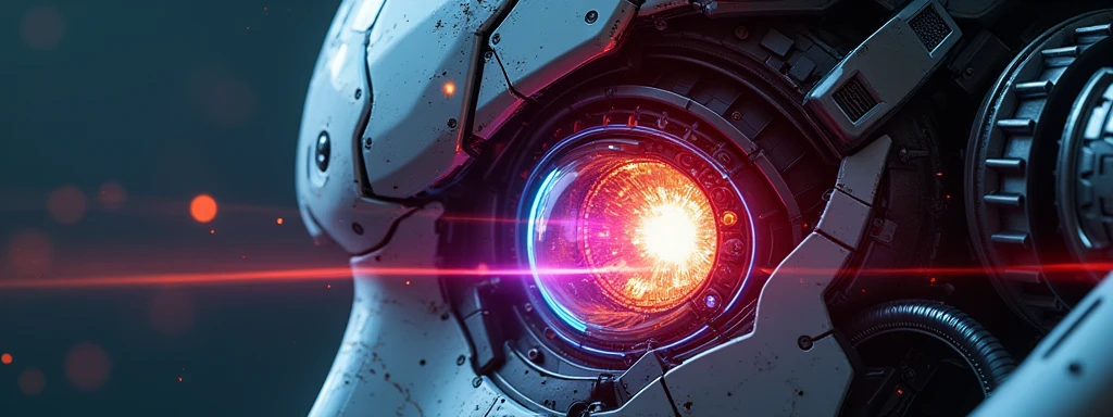 A close-up of a cool robotic mecha's eye, with colorful beams of light emitting from the eye