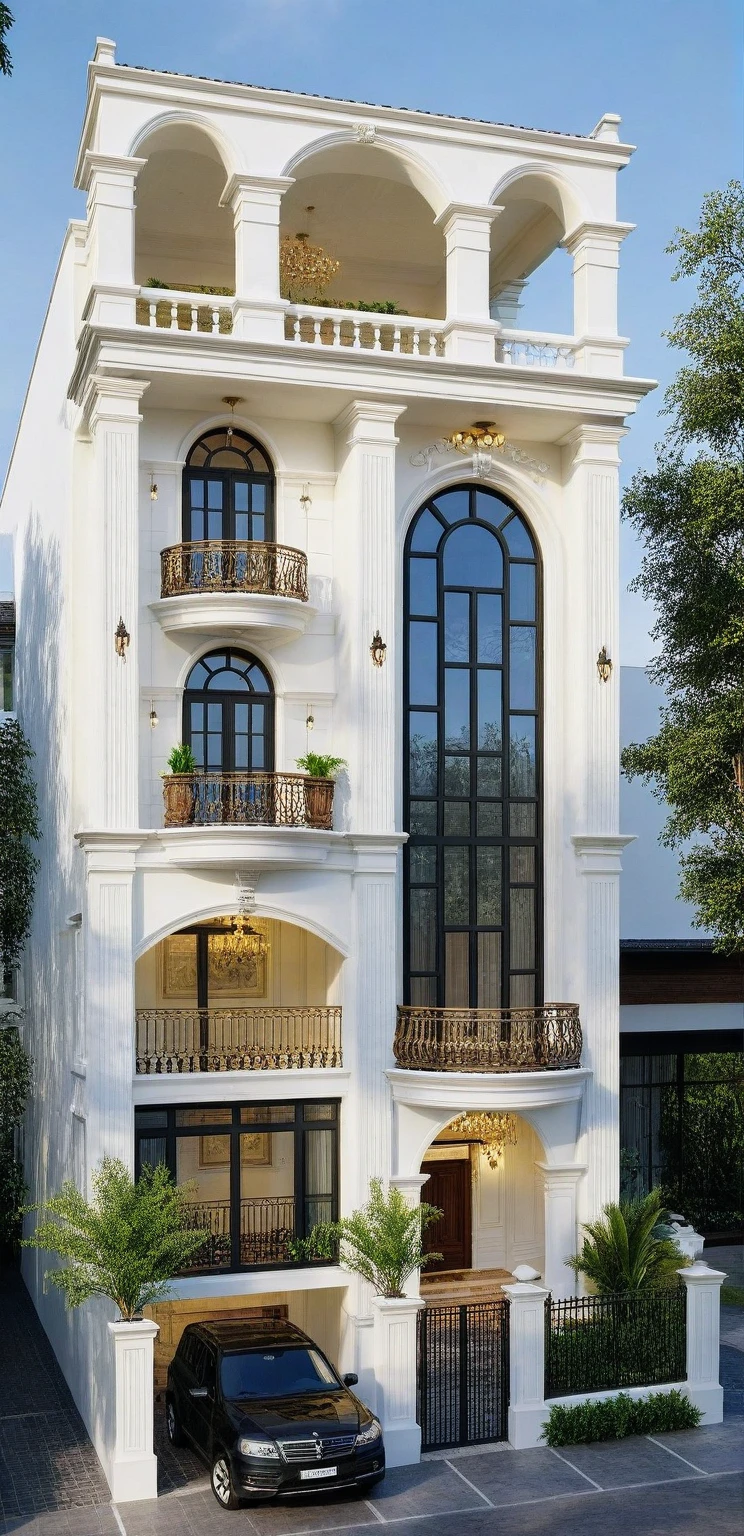 neo classical villa on street, (daylight), tropical tree, vivid colour, streetcapes, white tone, black detail, white wall, large glass door, warm interior lighting, best quality, masterpiece, ultra realistic