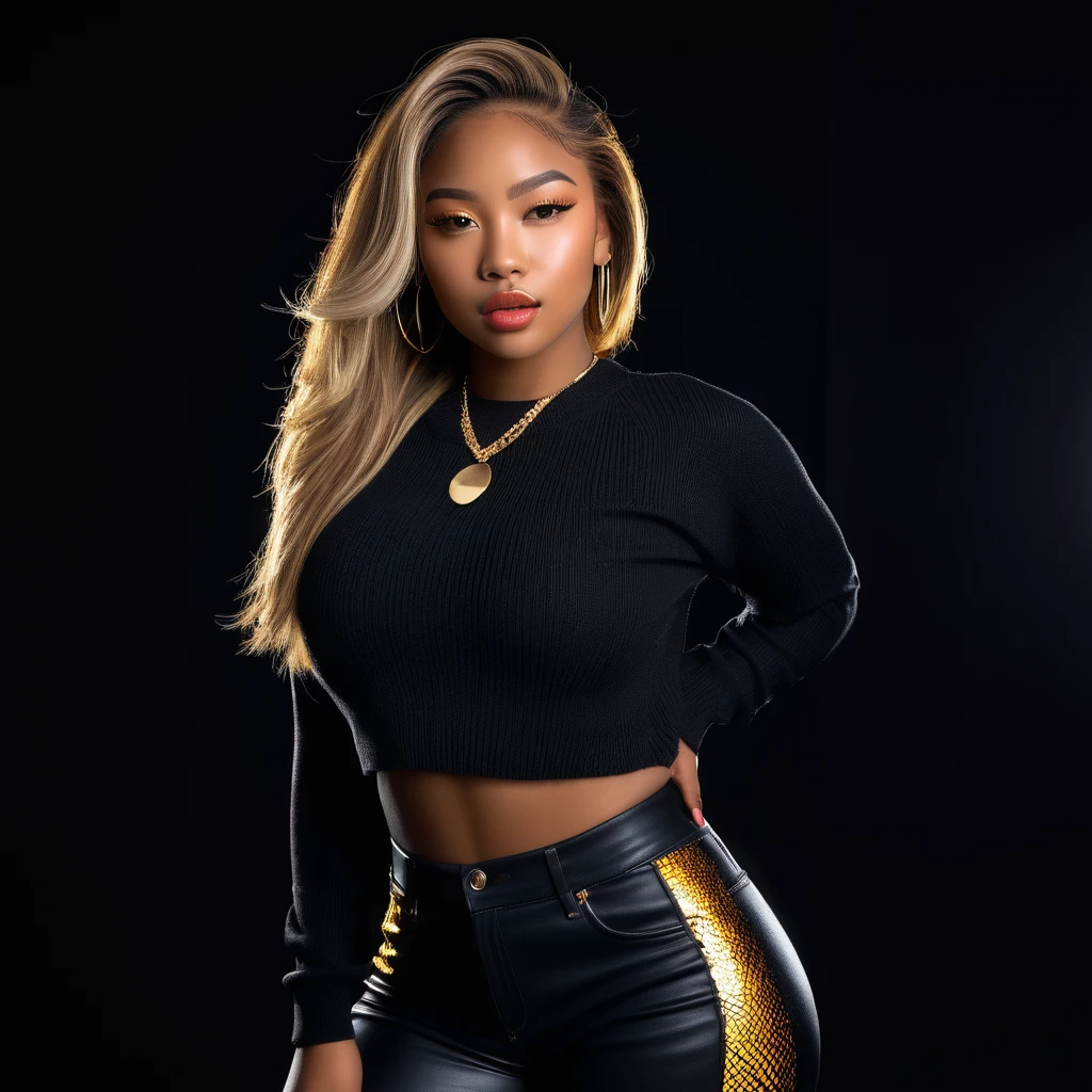 A beautiful young African American girl with Asian features, very long straight brown and blonde highlighted hair, posing suggestively in a black sweater and pants against a black background with neon lighting, cinematic lighting, detailed facial features including large bright light hazel eyes1.6, lush lips, and long eyelashes, curvy hips, gold jewelry, curvy figure with large breasts, hyper detailed, photorealistic, 8k, high quality, dramatic colors, elegant, high fashion, sensual