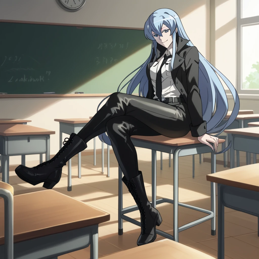 
esdeath,
esdeath, blue eyes, blue hair, long hair, smile, eyelashes, white shirt, black necktie, black leathher Suit, leather pants, leather boots, full body, all black leathe in classroom , black jacket

