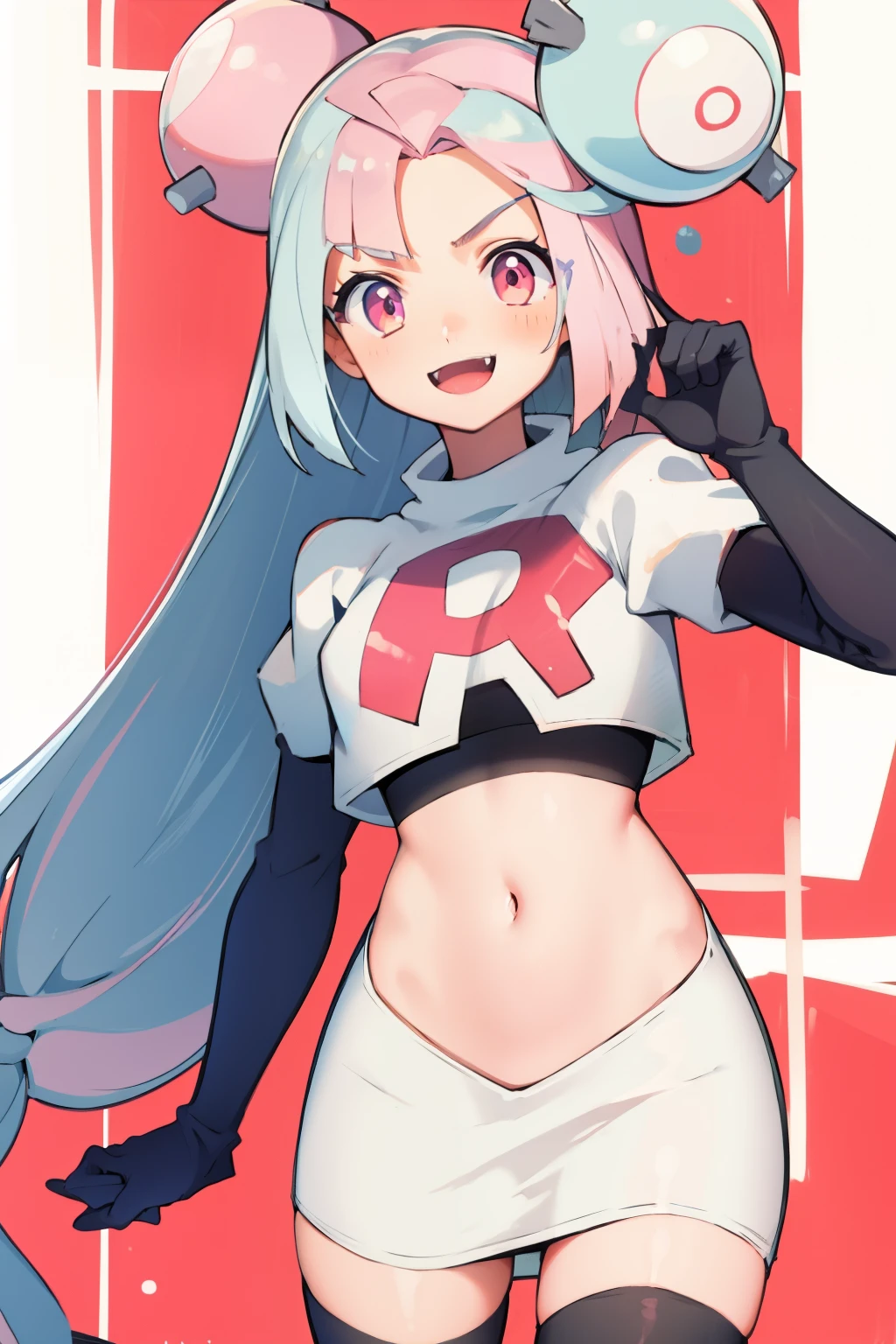 iono,1 girl,pink eyes,solo,smile,open mouth,fangs ,team rocket,team rocket uniform,white skirt,red letter R,crop top,black thigh-highs,black elbow gloves, cowboy shot