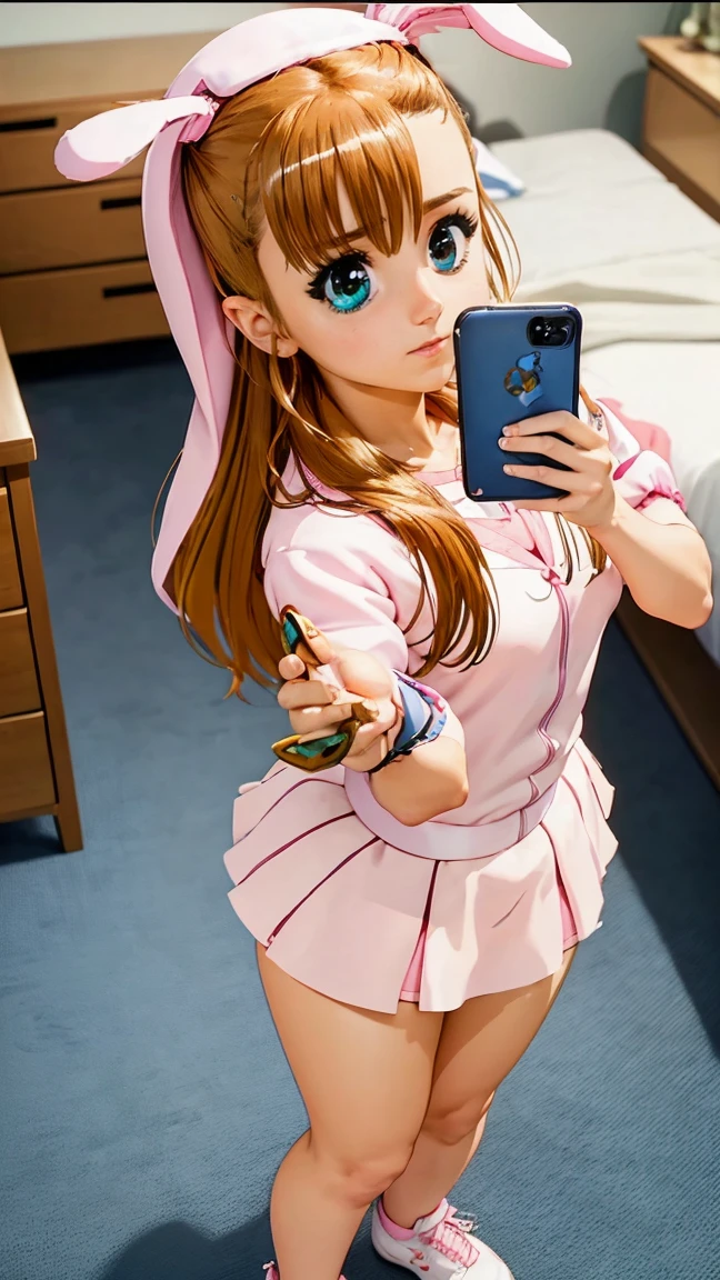 magical girl, very beautiful, blue eyes, very giant breasts , shaped legs, very large buttocks, Long straight hair tied up and forming a brown ponytail ((He is in his room taking a selfie))  ((dressed in a pink bunny costume with a very tiny, wide microskirt in very sexy and sensual colors and white sneakers with very long stockings up to her thighs)), posing very sexy and sensual, Very nice room with a large window, good lighting, 4k resolution