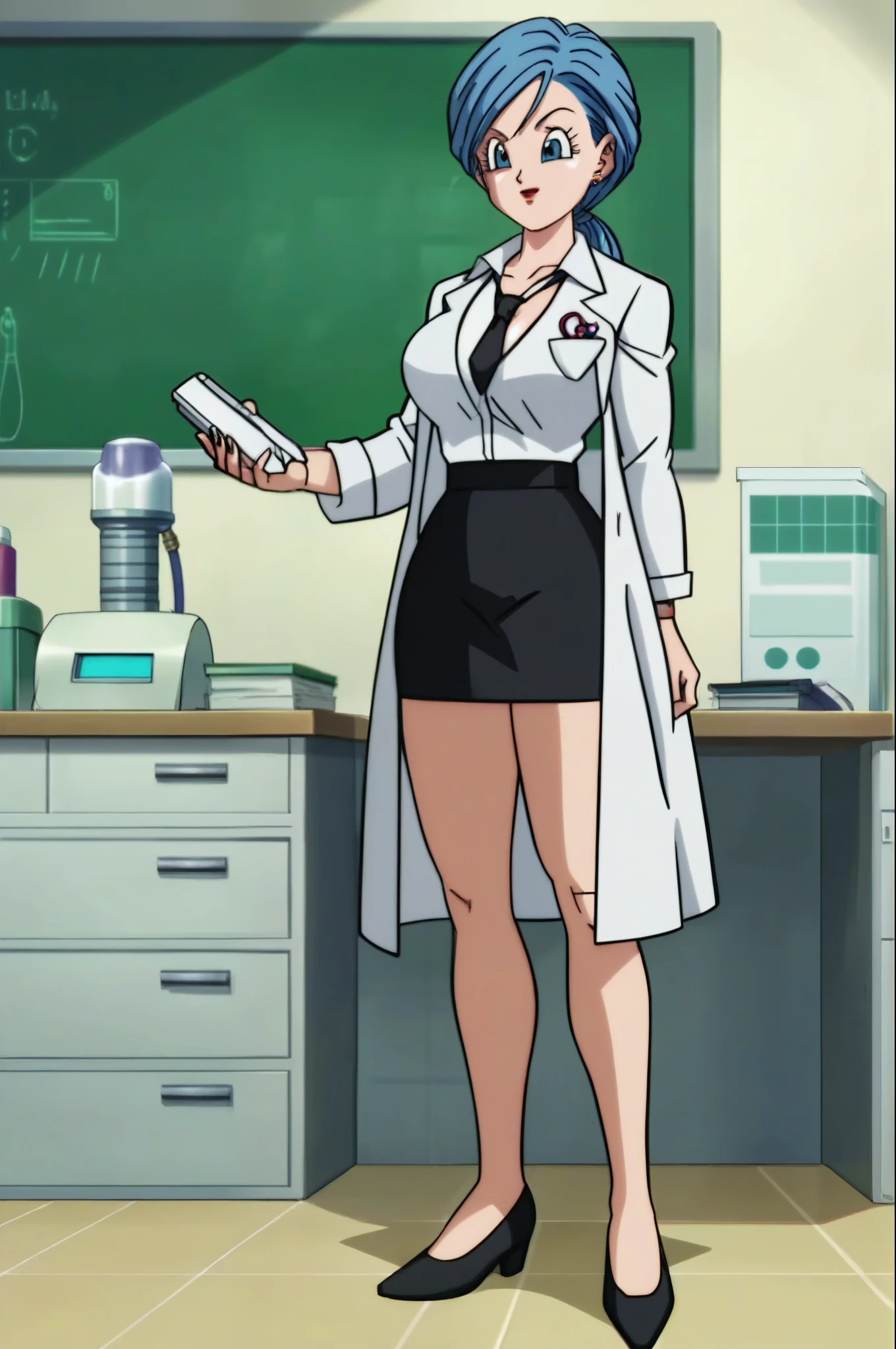 source_anime, score_9, score_8_up, score_7_up, anime screencap,8k, absurd res, 
bulma, future, blue hair, ponytail, low ponytail,  blue eyes, 
lab coat, white shirt, bottoned, black necktie, big breasts, teacher Bulma, leather skirt , full body
Office