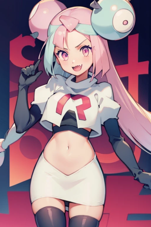 iono,1 girl,pink eyes,solo,smile,open mouth,fangs ,team rocket,team rocket uniform,white skirt,red letter R,crop top,black thigh-highs,black elbow gloves, cowboy shot