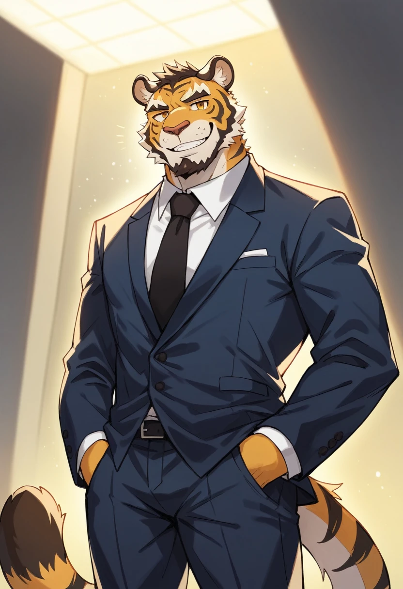 Póster albúm de los 80's, artwork detailed artistic: Alone, furry, Tigre, antromorfo, Aspect: ADULT FACE, short beard, black hairstyle, looking at the viewer, smiling, happy expression.. attire: a navy blue suit, White formal shirt, and a black tie, agregando un Aspect de los 80's, bottom: room, with neon lights, low lighting, pose: hand in suit pocket, showing happiness in the album, angle of shot: mid body. 