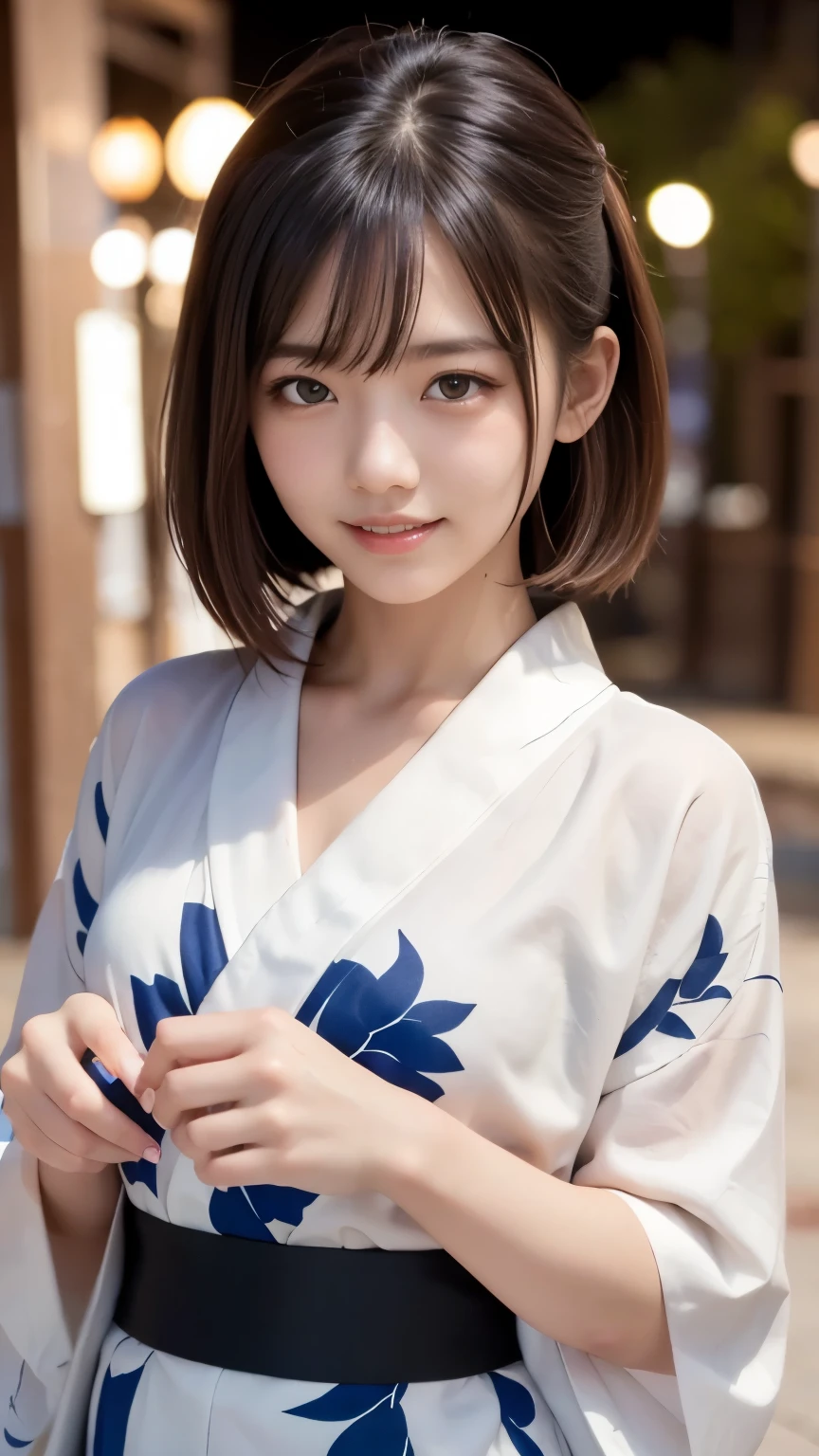 8k,Best Quality,(masterpiece:1.2),(Realistic),(Realistic:1.37),Ultra-high resolution,Female college student,Fireworks,night,smile,Beautiful Eyes,(((Cute Yukata))),Perfect body,Perfect Fingers,Professional Lighting,gravure,Detailed face and skin textures,fine grain,RAW Photos