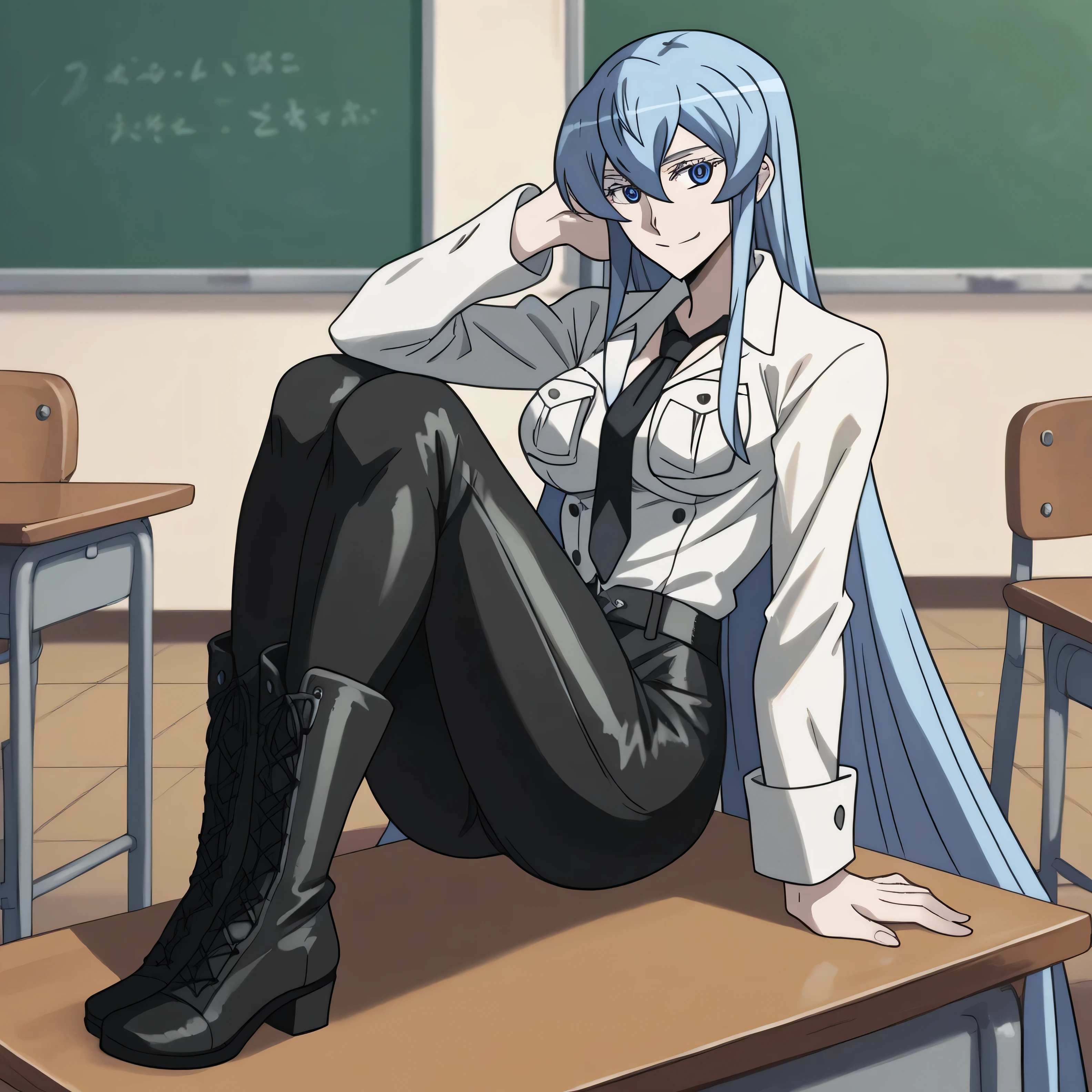 
esdeath,
esdeath, blue eyes, blue hair, long hair, smile, eyelashes, white shirt, black necktie, black leathher Suit, leather pants, leather boots, full body, all black leathe in classroom , black jacket

