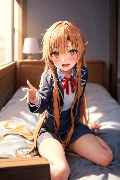 ((Best Quality)), ((masterpiece)), (be familiar with), Perfect Face, indoor, bedroom, Watching the audience,
One woman, Yuuki Asuna,
Open Mouth, Ecstatic expression, blush, smile,
Small breasts, Flat Chest, , , , Girl,
Long Hair, Long Hair,
Leg spread,