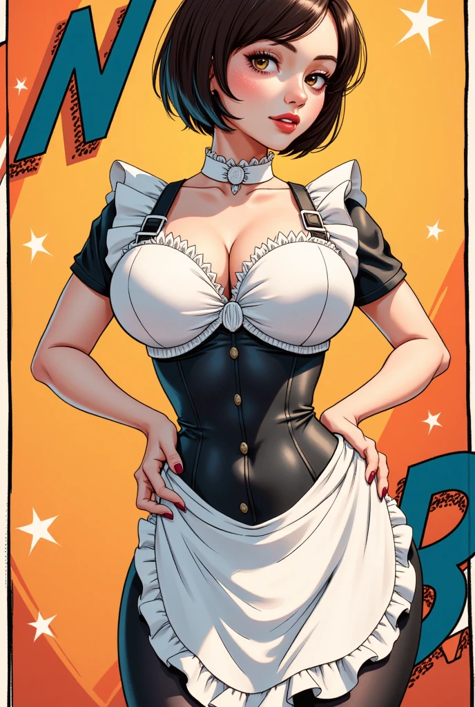 Best quality, solo mature woman, giant breasts, giant ass, very curvy, dark skin, curly twin tails, sunglo eyes, full lips, seductive, smile, ruff collar, stripped clown corset, frilly skirt, pom pom ball, fishnets, long satin gloves, clown makeup, thick thighs, curvy physique