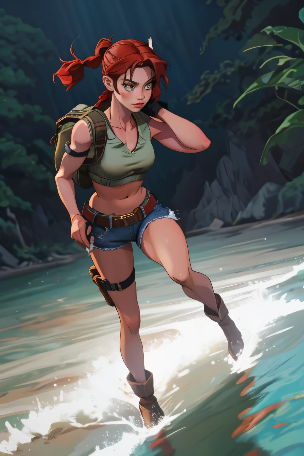 (nsfw), (solo), cosplay of beautiful female, mulatto, (adult women, 30 year old), (curvy women, seductive, sex-bomb), chicken, (Meru, Merunyaa:1.2), (devil-women),  (famous beautiful american supermodel:1.2 ),  ( fit, abs),  (busty,Large erect breasts,huge chests,erect nippleslips :1.3), thick thighs,   slim waist, cameltoe, (red hair,redhead), (1long braid), [freckles],   [ Meru | Lara Croft ], (female),(female body),  (muscle body), muscle tummy, seductive body, BREAK
red body, (red burned skin), shining oily skin, [1demon tail], (2short horns), Half-nude,  BREAK
( khaki army shorts:1.2 ),  BREAK 
(open breasts, bare chests, nude  :1.2), topless,  ( slim lightblue croptop, underboobs ),  openwork tattoo on the biceps,  BREAK
( pistol-holsters on her both thighs ), (thigh knife strap), wide belt, leather straps on hips and biceps,    
( 1small backpack on her back:1.2), army boots,  black leather tactic fingerless gloves, BREAK
( ((red)) round glasses ),   BREAK
ancient medallion around the neck (between her boobs),
    
(body portrait),  tomb raider,             
(detailed eyes, detailed cat-pupils, yellow eyes, glowing eyes), BREAK
outdoors,   
ocean tropical beach, shining waterdrops, waves,
Sunday, sunrays, soft shining,  sunburned,  reflections of lights,   
(particles ,firefly,soft blue glowing, bioluminescence ),romantic mood, BREAK
seeker of adventures, tomb raider,

 seduct, serious look, (languid look),  BREAK
beautiful face, face makeup, detailed plump lips, long eyelashes,      BREAK,  next to the jaguar, BREAK,
(masterpiece, best quality, sharp focused shoot, blur background, photorealistic, realism, ultrarealism, cinematic, intricate, smalldetailed, sharp focused pupils, realistic hands, 8k,4k, HD, high res, hi-res), 
(shadows, wide dynamic range, hdr, low light:1.2),
by Pino Daeni, by ruaidri, by virtyalfobo, by Kenket, (by iskra, by darkgem, by merunyaa),