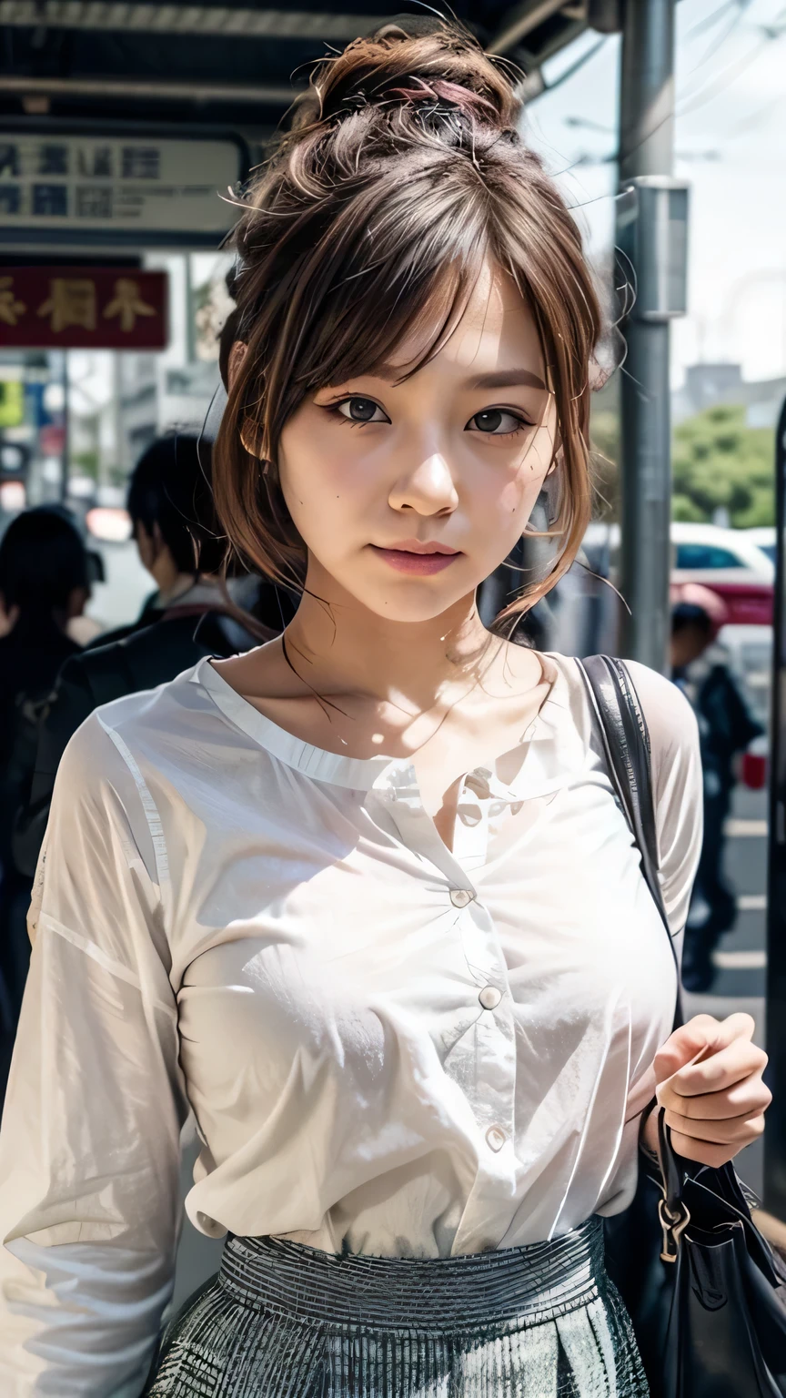 ((best quality, 8k, masterpiece: 1.3)), sharp: 1.2, perfect body beautiful: 1.4, Slim abs: 1.2, ((layered hairstyle, big breasts: 1.2)), (wet White Button Long Shirt: 1.1), (rain, street: 1.2), wet: 1.5, Highly detailed facial and skin textures, delicate eyes, double eyelids, Looking at the camera sideways