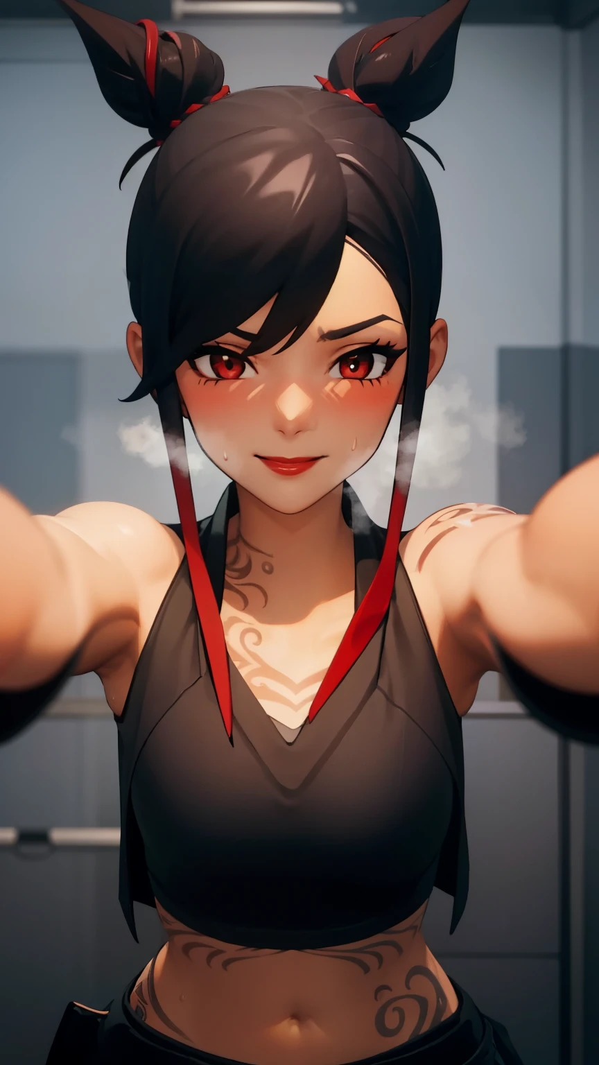 1girl, tntinafn, black hair, red hair, hair bun, two-tone hair, short hair, multicolored hair, red eyes, ((heavy breathing:1.3)), (blush:1.1), (black eyeshadow1:1), upper body, (speed lines:1.1), trembling, sweat, tattoos, navel, black crop top, bare shoulders, red lips, smile, looking at viewer, facing viewer, outstretched arms, kabedon pov,