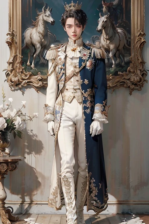 HDR,contract,8 k, top quality, master part, very detailed, studio lighting, physically based rendering, 1st grade, lonely,1st grade, hair black, uniform, White Rococo Suit, Rococo style, boots, white gloves, big crown, Meio Cabo, Flowers background,