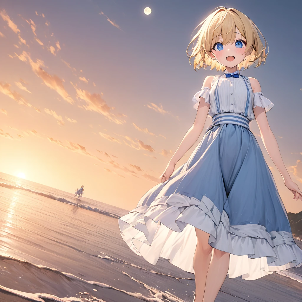 Flat ship, Illustration of a person, Cute Smile, {{{{{Laughing with your mouth open}}}}}, (8k, Please redeem, masterpiece:1.2), (Eye details\), (Clothing Details), (whole body:1.3), High Detailed CG Unity 8k Wallpaper,Large file sizes,Very detailed,High resolution,Absurd,Beautiful Eyes,Ray Tracing,Dramatic Shadows,details,elevation,Hyper Detail,(1:1.3),(Alone),,Cosplay Costume Collection, 1. Boy,Have, Blonde, short hair,blue eyes, Blue clothes,Frilled Skirt,Removed sleeve,(sloppy:1.2),belt.In repentance,(Please raise your hand:1.3)+(Underarm:1.2), A delicate and beautiful moon,Walking in front of the sunset sky,Multiple Diffuse Reflections,