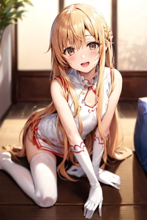 ((Best Quality)), ((masterpiece)), (be familiar with), Perfect Face, indoor, bedroom, Watching the audience,
One woman, Yuuki Asuna,
Open Mouth, Ecstatic expression, blush, smile,
Small breasts, Flat Chest, , , child, Girl,
Long Hair, Long Hair,
Leg spread,