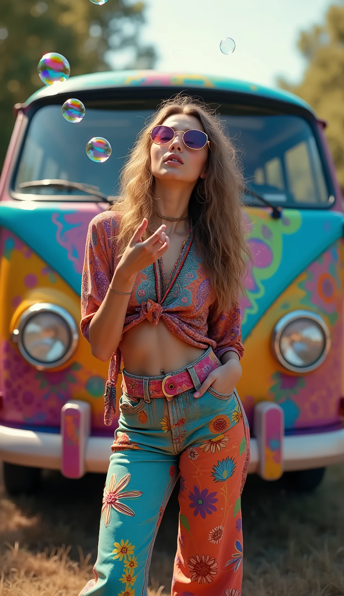 Dibujos hippies psicodelico:1.5, a young hippie girl, colorful and psychedelic hippie clothes, sunglasses, blowing bubbles, a psychedelic painted van in the background, best quality, 4k, 8k, highres, masterpiece:1.2, ultra-detailed, realistic, photorealistic, photo-realistic:1.37, hdr, uhd, studio lighting, ultra-fine painting, sharp focus, physically-based rendering, extreme detail description, professional, vivid colors, bokeh, portrait, landscape, psychedelic