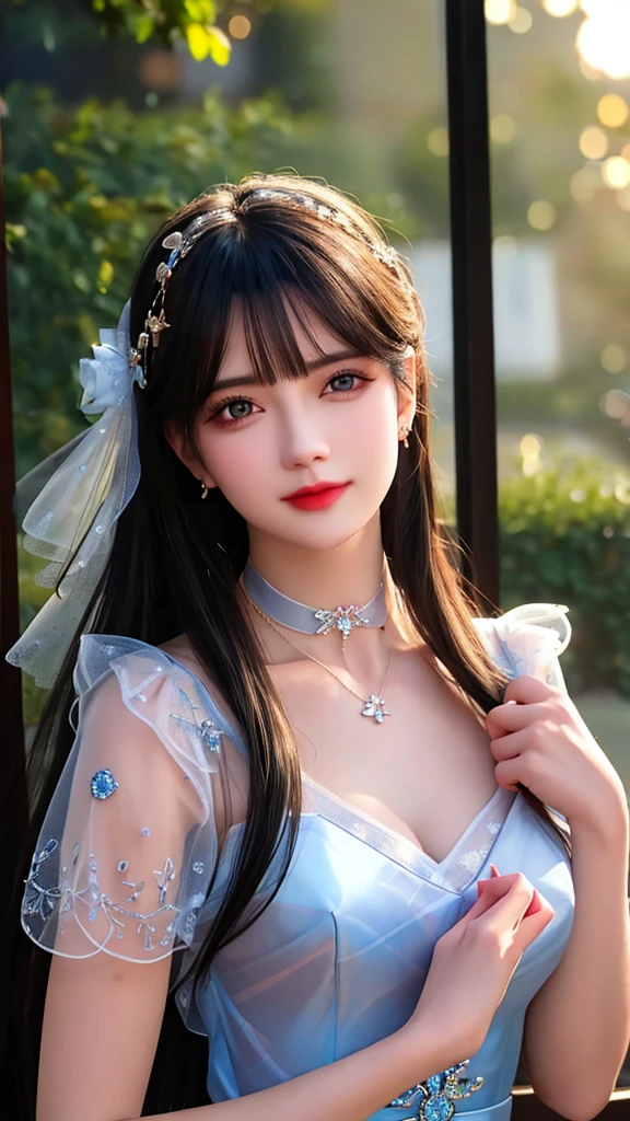 best qualityer，8K， masterpiece， A high resolution， 1girll， Clear silk see through porcelain dress， Fur coat， hair adornments， smile， Keep one's mouth shut， parted lips，Large breasts，Shoulder， shift see through dresses， hair adornments， choker necklace， jewely， Chinese outfit， long whitr hair， 耳Nipple Ring， Detailed beautiful eyes， detailed eyelashes， beautiful  favr,after sexing Body， Tyndall effect，realisticlying， edge lit， two tone lighting，（highdetailskin：1.2）， 8K, Ultra HD， digital SLR camera， gentle illumination， high high quality， Volumetric lighting， Frankness， photore， A high resolution， Bokeh， at a forest， Falling snow， Winters， in the afternoon