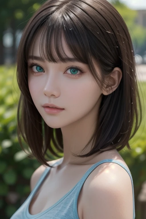 Medium Shot,High image quality, masterpiece, (Realistic, photo-Realistic:1.2) ,High resolution, Super detailed, RAW Photos,Depth of written boundary, One girl, green eyes, Medium Hair, bangs, Portrait, Upper Body, shoulder, shirt, Simple Background, Blue background