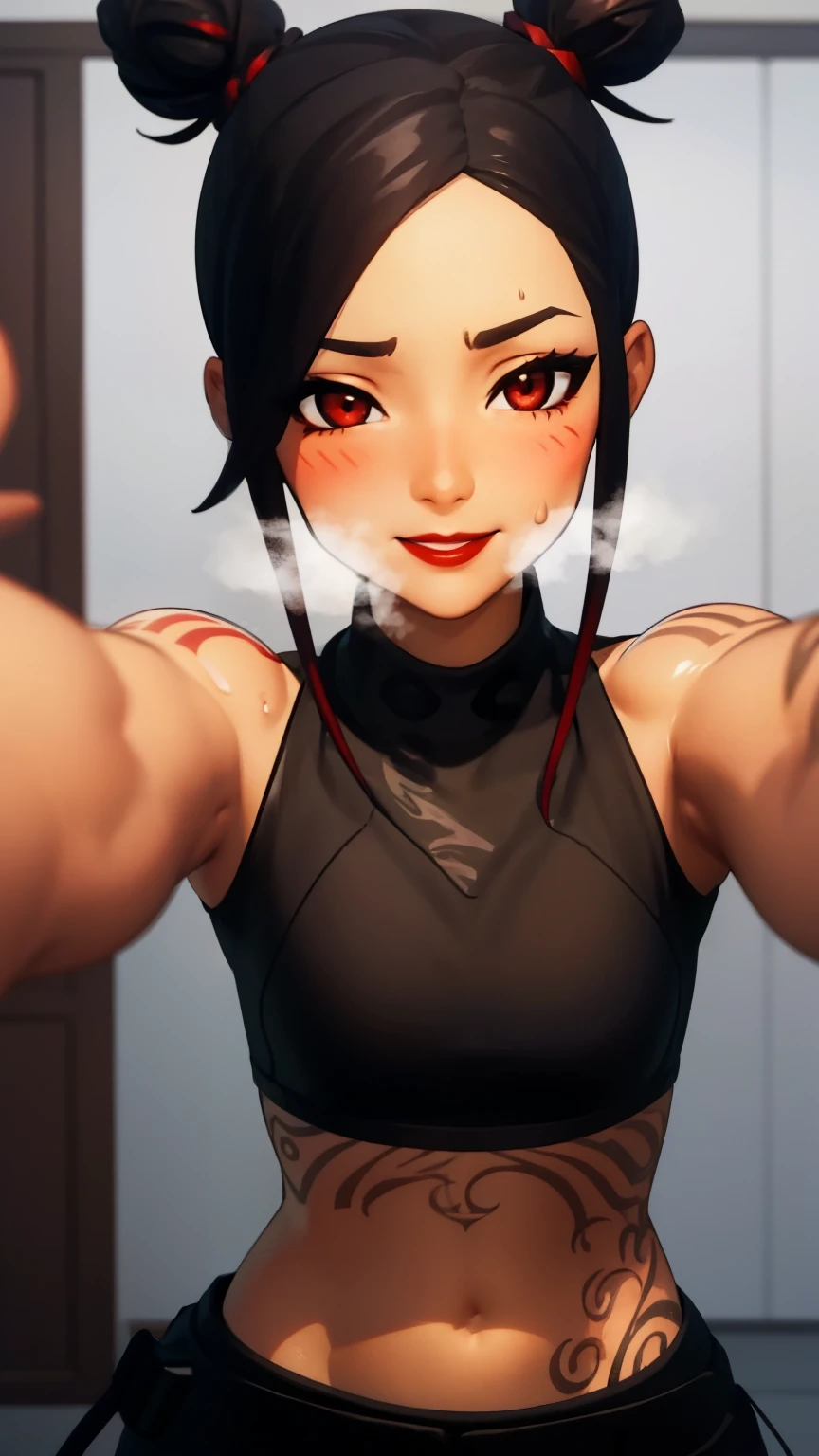 1girl, tntinafn, black hair, red hair, one hair bun, two-tone hair, short hair, multicolored hair, red eyes, ((heavy breathing:1.3)), (blush:1.1), (black eyeshadow1:1), upper body, (speed lines:1.1), trembling, sweat, tattoos, navel, black crop top, bare shoulders, red lips, smile, looking at viewer, facing viewer, outstretched arms, kabedon pov,