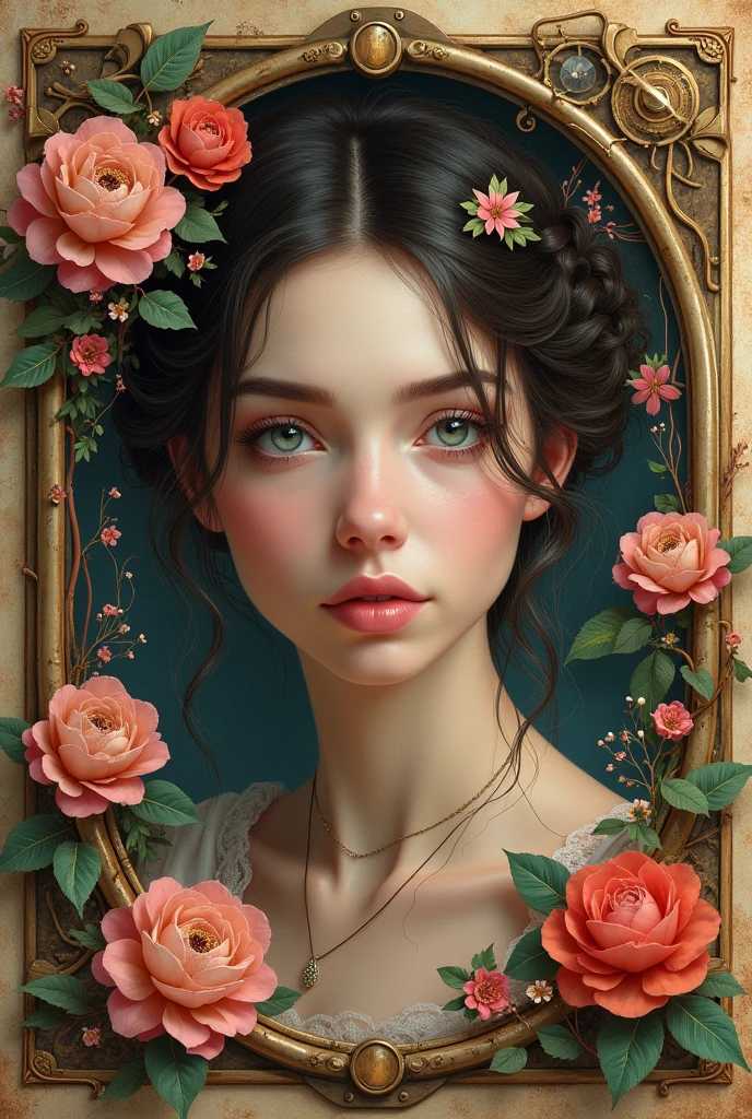 a highly realistic and detailed portrait of a beautiful woman, detailed flowers, [gears], pipe, dieselpunk, multicolored ribbons, aged paper texture, extremely detailed, (best quality,4k,8k,highres,masterpiece:1.2),ultra-detailed,(realistic,photorealistic,photo-realistic:1.37),HDR,UHD,studio lighting,ultra-fine painting,sharp focus,physically-based rendering,extreme detail description,professional,vivid colors,bokeh,portrait