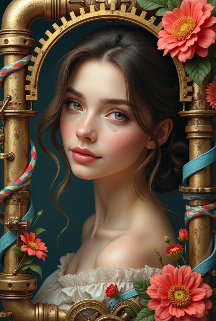 a highly realistic and detailed portrait of a beautiful woman, detailed flowers, [gears], pipe, dieselpunk, multicolored ribbons, aged paper texture, extremely detailed, (best quality,4k,8k,highres,masterpiece:1.2),ultra-detailed,(realistic,photorealistic,photo-realistic:1.37),HDR,UHD,studio lighting,ultra-fine painting,sharp focus,physically-based rendering,extreme detail description,professional,vivid colors,bokeh,portrait