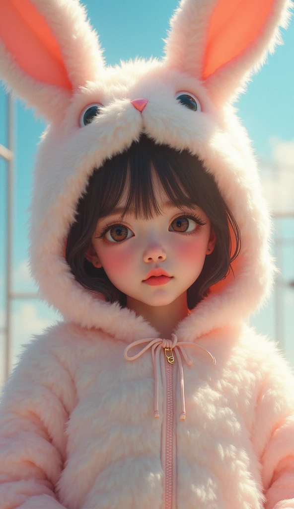 a cute woman wearing a fluffy rabbit costume with large rabbit ears, professional portrait, cute and childlike, hyperdetailed 8k, high resolution, beautiful detailed eyes, beautiful detailed lips, extremely detailed eyes and face, long eyelashes, pastel colors, soft lighting, fairy tale, digital painting, whimsical, magical realism