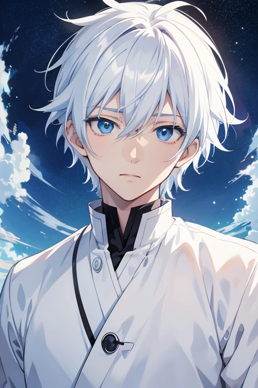 anime image of a man with blue eyes and white hair, Kaworu Nagisa, Hajime Yatate, Male anime character, HANDSOME ANIME MAN, Tall anime guy with blue eyes, young anime man, beautiful anime eyes, still of anime, Still from the TV anime, white haired deity, still of anime destaque de hoje, Anime portrait of a handsome man, white haired.