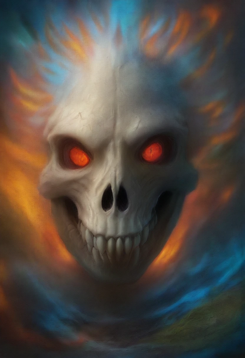 skull with glowing red eyes, long masterfully carved gold studs protruding from the bones, fire skull contemplating life, psychedelic laughing demon, skull fantasy, Dan Mumford and Alex Gray style, detailed fantasy digital art, amazing digital art, fire demon, detailed portrait of glowing monster, beautiful digital art, (best quality,4k,8k,highres,masterpiece:1.2),ultra-detailed,(realistic,photorealistic,photo-realistic:1.37),horror,concept art,vivid colors,physically-based rendering,extreme detail description,professional,studio lighting,sharp focus