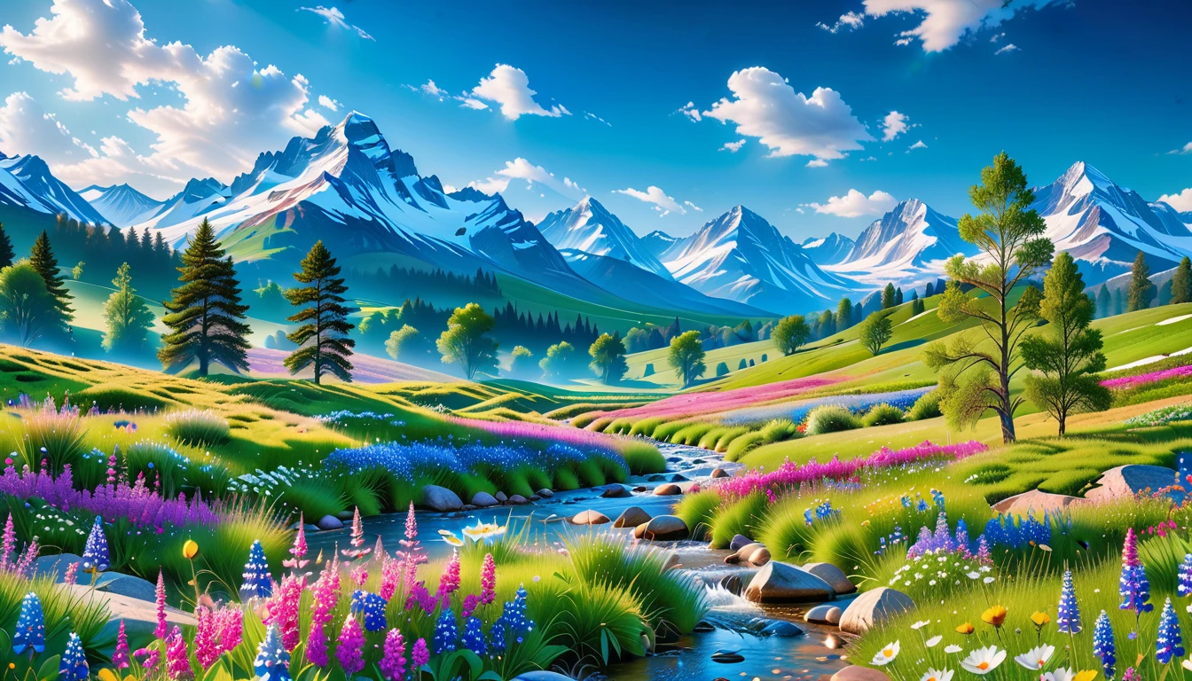 A Masterpiece In 32K Resolution, Supreme Quality, Super Detail, Official Art, Very High-Resolution 32K Wallpaper, Beautiful And Aesthetic, Ultra-Detailed Features, Awe-Inspiring Detail. The Enchanted Meadows Under A Sapphire Sky. Rolling Green Hills Spread Out Beneath A Clear Sapphire Sky, Dotted With Wildflowers That Dance In The Breeze. A Small, Sparkling Stream Winds Its Way Through The Meadow, Glimmering Like Silver Under The Sunlight. In The Distance, Snow-Capped Mountains Rise Majestically, Their Peaks Gleaming White Against The Blue Sky. A Sense Of Tranquil Magic Fills The Air.