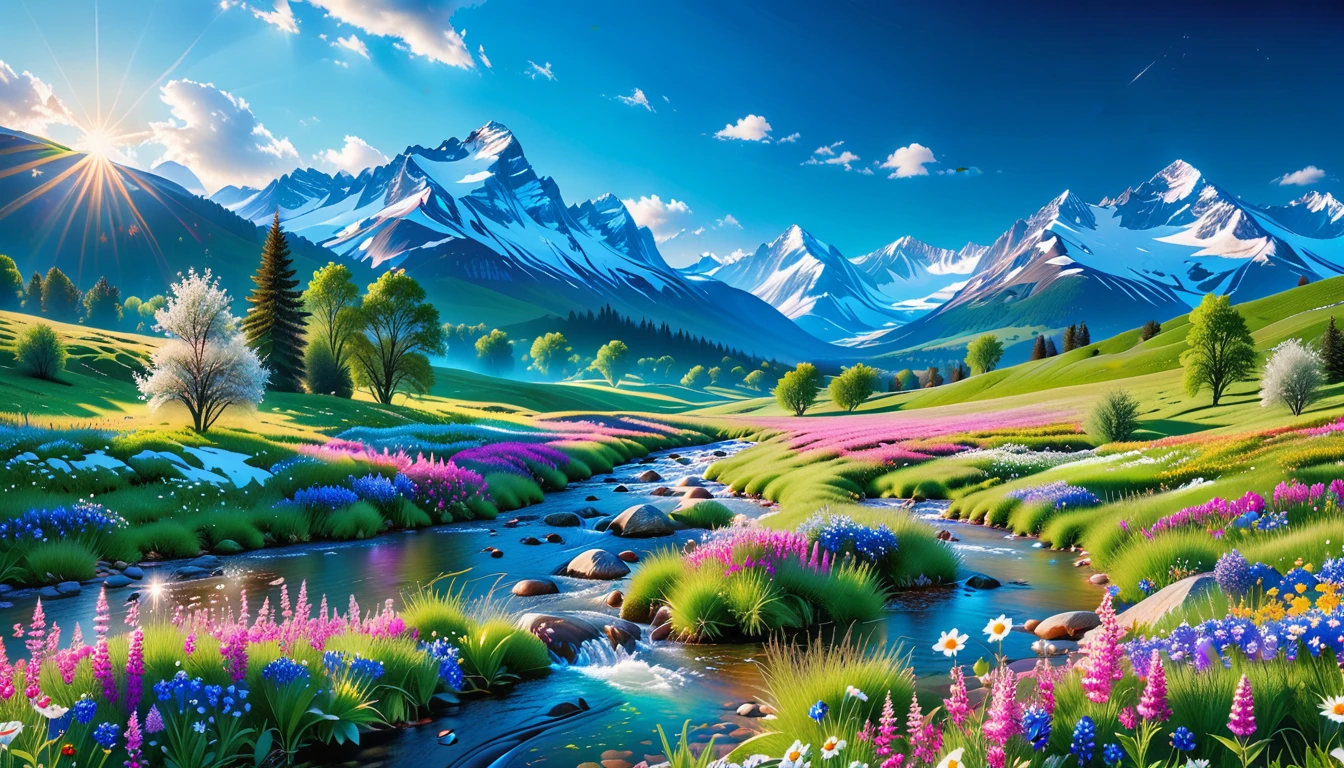 A Masterpiece In 32K Resolution, Supreme Quality, Super Detail, Official Art, Very High-Resolution 32K Wallpaper, Beautiful And Aesthetic, Ultra-Detailed Features, Awe-Inspiring Detail. The Enchanted Meadows Under A Sapphire Sky. Rolling Green Hills Spread Out Beneath A Clear Sapphire Sky, Dotted With Wildflowers That Dance In The Breeze. A Small, Sparkling Stream Winds Its Way Through The Meadow, Glimmering Like Silver Under The Sunlight. In The Distance, Snow-Capped Mountains Rise Majestically, Their Peaks Gleaming White Against The Blue Sky. A Sense Of Tranquil Magic Fills The Air.