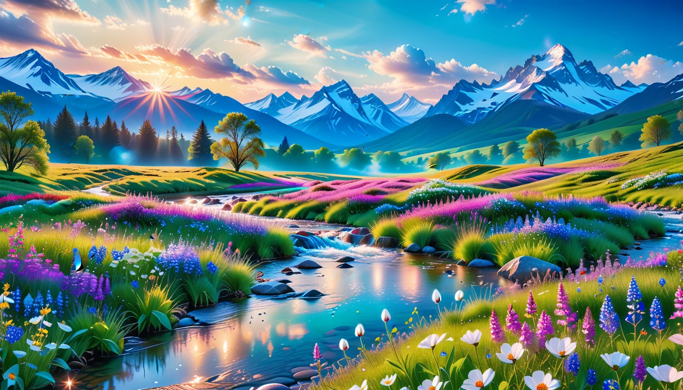 A Masterpiece In 32K Resolution, Supreme Quality, Super Detail, Official Art, Very High-Resolution 32K Wallpaper, Beautiful And Aesthetic, Ultra-Detailed Features, Awe-Inspiring Detail. The Enchanted Meadows Under A Sapphire Sky. Rolling Green Hills Spread Out Beneath A Clear Sapphire Sky, Dotted With Wildflowers That Dance In The Breeze. A Small, Sparkling Stream Winds Its Way Through The Meadow, Glimmering Like Silver Under The Sunlight. In The Distance, Snow-Capped Mountains Rise Majestically, Their Peaks Gleaming White Against The Blue Sky. A Sense Of Tranquil Magic Fills The Air.