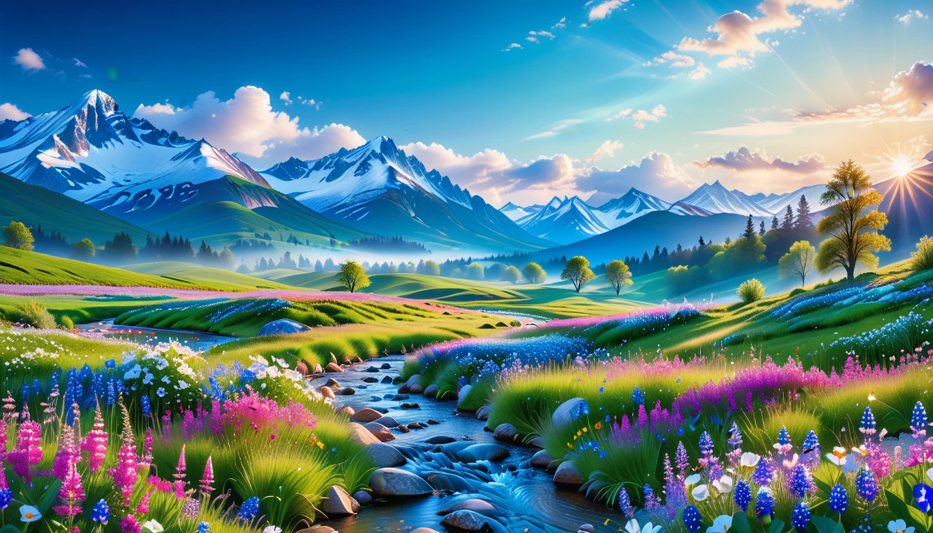 A Masterpiece In 32K Resolution, Supreme Quality, Super Detail, Official Art, Very High-Resolution 32K Wallpaper, Beautiful And Aesthetic, Ultra-Detailed Features, Awe-Inspiring Detail. The Enchanted Meadows Under A Sapphire Sky. Rolling Green Hills Spread Out Beneath A Clear Sapphire Sky, Dotted With Wildflowers That Dance In The Breeze. A Small, Sparkling Stream Winds Its Way Through The Meadow, Glimmering Like Silver Under The Sunlight. In The Distance, Snow-Capped Mountains Rise Majestically, Their Peaks Gleaming White Against The Blue Sky. A Sense Of Tranquil Magic Fills The Air.