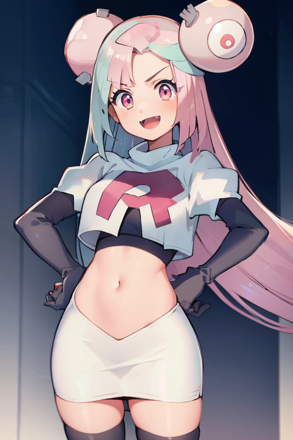 iono,1 girl,pink eyes,solo,smile,open mouth,fangs ,team rocket,team rocket uniform,white skirt,red letter R,crop top,black thigh-highs,black elbow gloves, cowboy shot