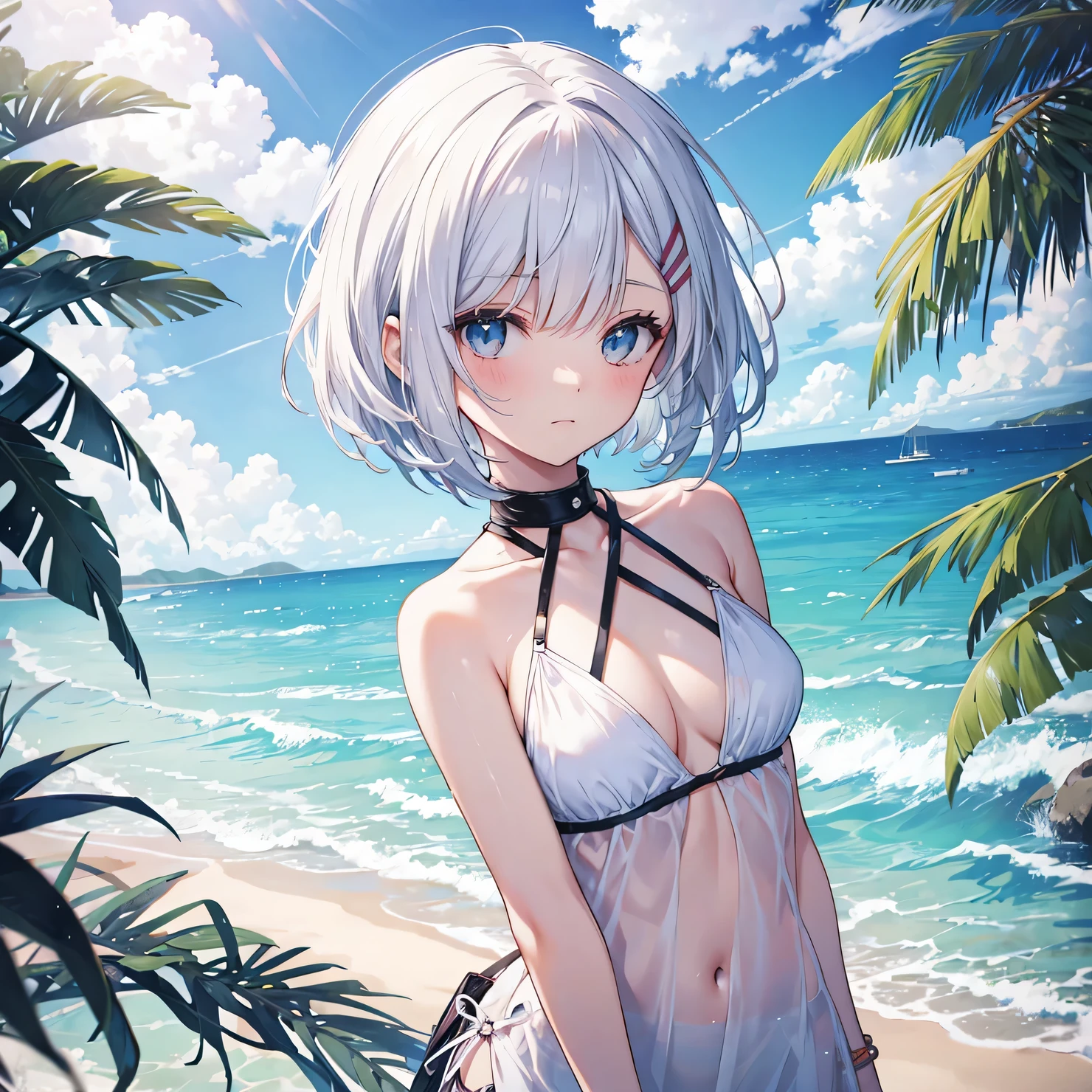 fuukakikuchi, fuuka kikuchi, short hair, bangs, Hair between the eyes, (Green Eyes:1.3), Grey Hair,smile,Open your mouth,Bikini swimsuit with ruffles,Wet Skin,Wet Hair,Wet swimsuit,barefoot,Water Play,Daytime,Clear skies,True Summer,whole bodyがイラストに入るように,
break outdoors, Ocean,
break looking at viewer,whole body, (Cowboy Shot:1. 5),
break (masterpiece:1.2), Highest quality, High resolution, unity 8k wallpaper, (figure:0.8), (Beautiful attention to detail:1.6), Highly detailed face, Perfect lighting, Highly detailed CG, (Perfect hands, Perfect Anatomy),