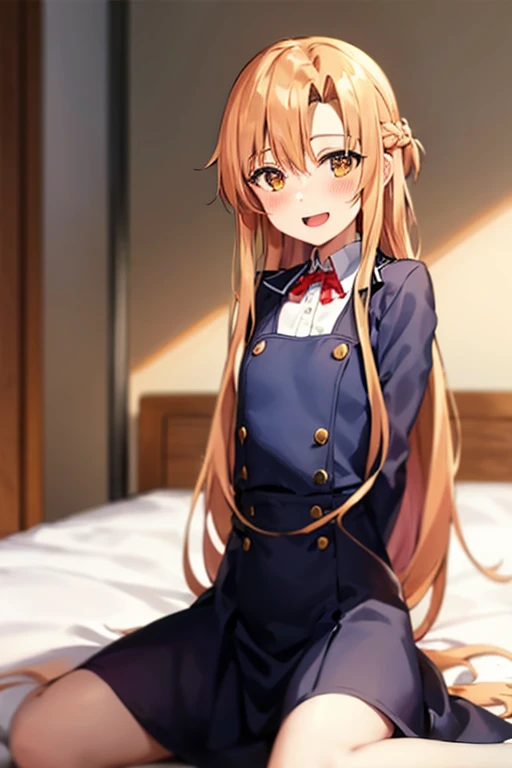 ((Best Quality)), ((masterpiece)), (be familiar with), Perfect Face, indoor, bedroom, Watching the audience,
One woman, Yuuki Asuna,
Open Mouth, Ecstatic expression, blush, smile,
Small breasts, Flat Chest, , , child, Girl,
Long Hair, Long Hair,
Leg spread,